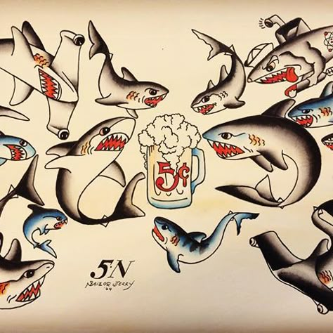 Sailor Jerry shark designs School Of Sharks Tattoo, Shark Japanese Tattoo, Old School Shark Tattoo Design, Old School Shark Tattoo, Sailor Jerry Shark, Sailor Jerry Shark Tattoo, Traditional Beach Tattoo, American Traditional Shark Tattoo, American Traditional Shark