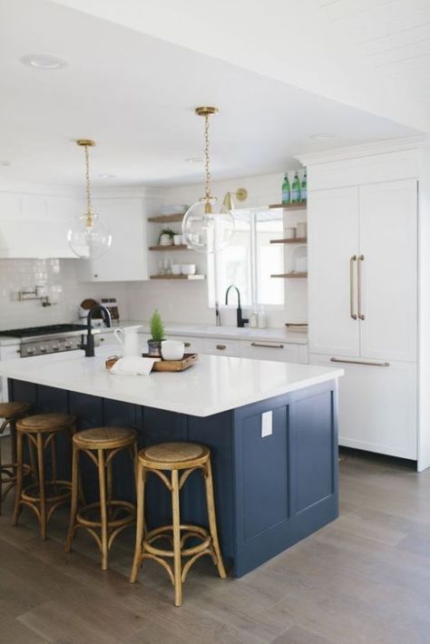 Beautiful Blue Kitchens I Love - jane at home White Kitchen Navy Island, Navy Island, White Kitchen Appliances, Blue Kitchen Island, Blue Kitchen Cabinets, White Appliances, Blue Kitchens, Trendy Kitchen, Kitchen Remodel Idea