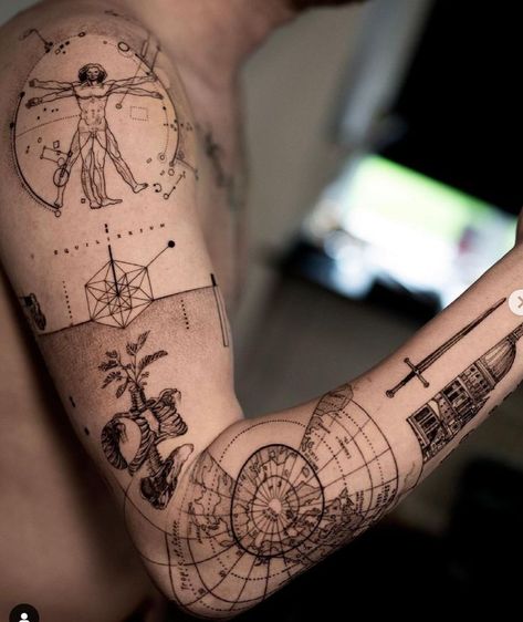 Earth Tattoos, 5d Earth, Geometric Sleeve Tattoo, Feminine Tattoo Sleeves, Geometry Tattoo, Geometric Tattoos, Geometric Tattoo Design, Geometric Sleeve, Geniale Tattoos