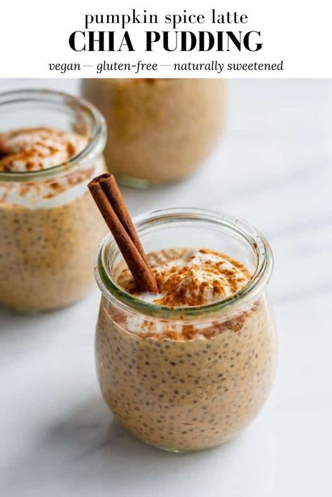 This Pumpkin Spice Latte Chia Pudding is light, fluffy, filled with delicious fall flavours, and sprinkled with cinnamon! #chiapudding #pumpkinspicelatte #pumpkinspicebreakfast #vegandesserts Chai Pudding, Pumpkin Chia Pudding, Seeds Recipes, Harvest Dinner, Chia Recipe, Vegan Pumpkin Recipes, Pumpkin Recipes Healthy, Clean Baking, Homemade Almond Milk