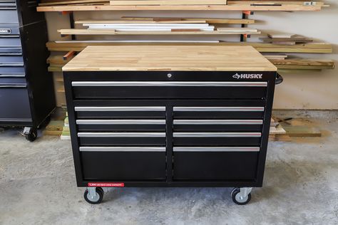 Husky Mobile Workbench Review Husky Workbench Ideas, Husky Workbench, Workbench Height, Mobile Workbench, Dream Studio, Work Bench, Tool Chest, Workbench, Craft Room