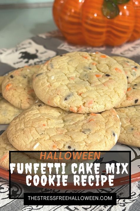 Halloween funfetti cookies on a Halloween plate with a glass pumpkin in background Halloween Cake Mix Cookies, Halloween Funfetti, Funfetti Cake Mix Recipes, Vegetarian Halloween, Funfetti Cake Mix Cookies, Halloween Confetti, Confetti Cookies, Funfetti Cookies, Funfetti Cake Mix