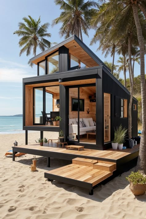 Berginhouse.com - Small house on the beach... Tiny Beach House, Container Houses, Balcony Ideas Apartment, Casa Container, Container House Plans, Small Porches, Small Balcony Ideas, Container House Design, Tiny House Cabin