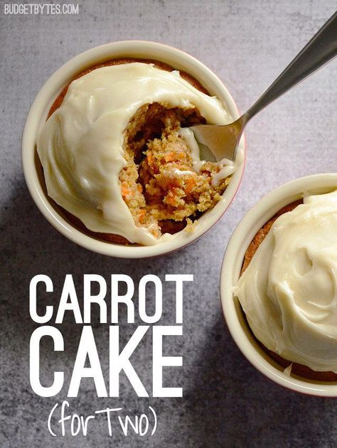 Carrot Cake for Two - BudgetBytes.com Carrot Cake For Two, Ramekin Recipe, Crockpot Taco, Cake For Two, Recipe For 1, Small Batch Baking, Nutella Desserts, Maple Bourbon, Budget Bytes