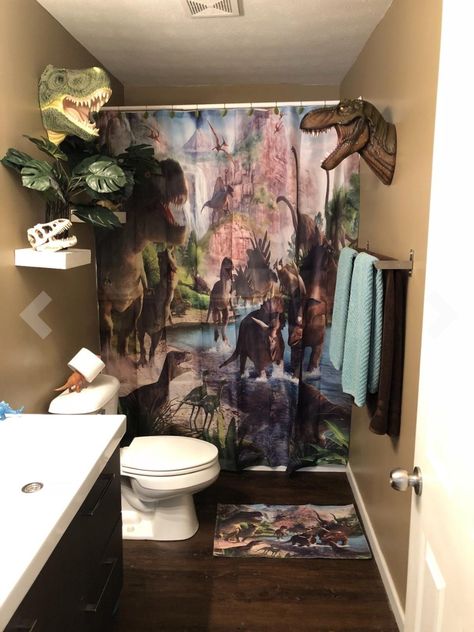 Unique bathroom idea for your boys.  Dinosaur themed bathroom.  Teen boy bathroom. Dinosaur Organization Ideas, Dinosaur Themed Bathroom, Jurassic Park Bathroom, Dinosaur Bathroom Ideas, Theme Bathroom Ideas, Dino Bathroom, Dinosaur Theme Room, Dinosaur Bathroom