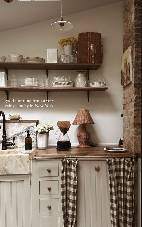 Cottage Floating Shelves, Rachel Maksy Home, Beige Room Decor, Cottage Kitchen Inspiration, 2024 Living Room, Country Kitchen Ideas, Beige Room, Country Vibes, Small Cottage Kitchen