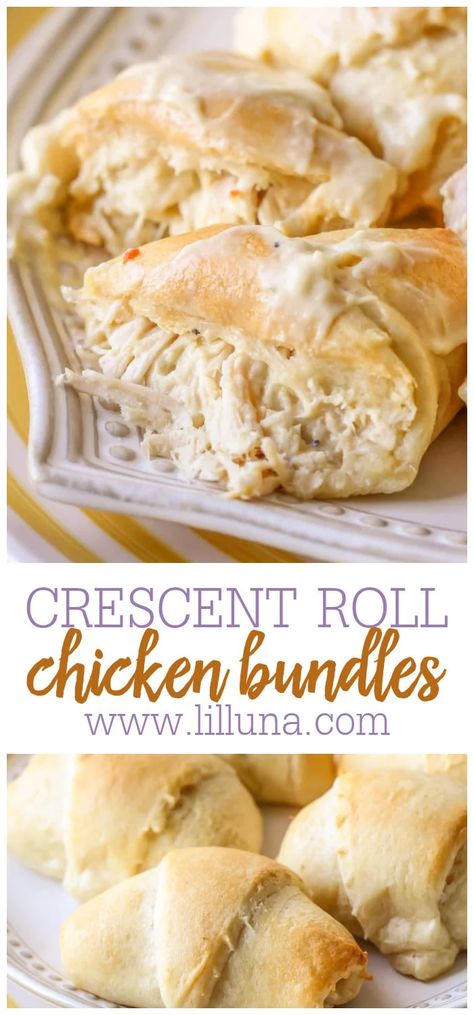 Shredded chicken mixed with cream cheese, Italian dressing mix, and cream of chicken rolled into buttery crescent dough! These flavorful Chicken Crescent Roll Bundles have become a family fave. #crescentrollchickenbundles #crescentrolls #chicken #crescentrollbundles #crescentrollups Creamy Chicken Crescent Rolls, Cream Cheese Chicken Croissants, Chicken And Crescent Roll Recipes, Crescent Roll Chicken, Cresant Rolls, Chicken Crescent Ring, Crossiant Recipes, Chicken Croissant, Chicken Bundles