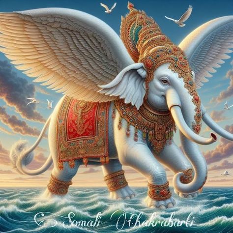 Indian Ai art | Airavata, a white elephant is the mount of god Indra | Facebook Airavata Elephant, Indian Elephant Art, Athangudi Tiles, Majestic Elephant, Elephant Photography, Elephant Wallpaper, Glass Painting Patterns, Animal Caricature, Ganapati Decoration