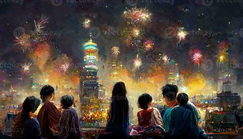 People Watching Fireworks, Celebration Artwork, Fireworks Painting, Firework Painting, Asian Family, Watching Fireworks, People Watching, Life Art, Fireworks