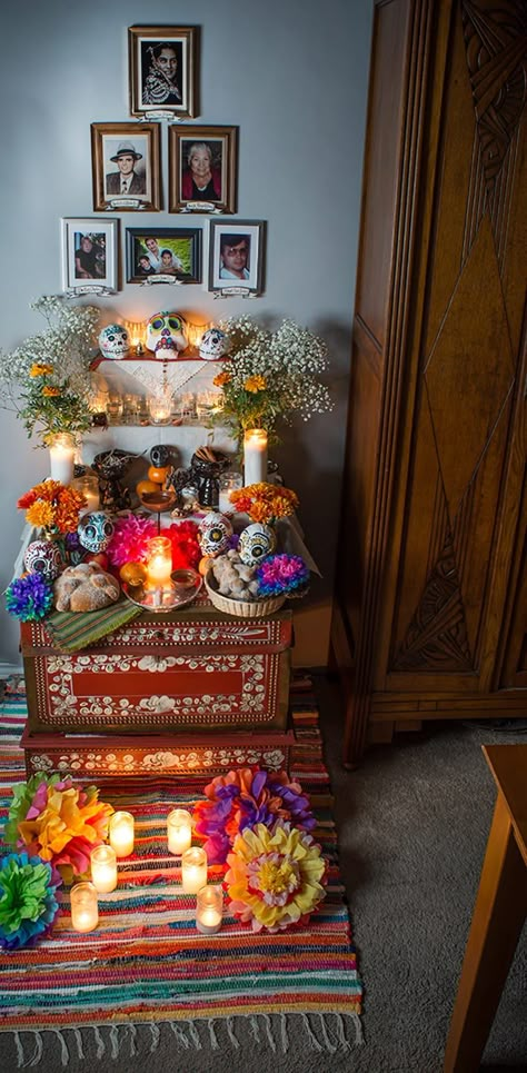 Dia De Los Muertos Party Ideas, Day Of The Dead Diy, Dia De Los Muertos Decorations Ideas, Family Altar, Day Of The Dead Party, Candles Flowers, Day Of Dead, All Souls Day, Home Altar