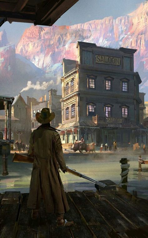 Western Gunslinger Art, Wild West Art, Weird West, Fantasy Town, Western Artwork, Building Images, Red Dead Redemption Ii, Western Town, Western Landscape