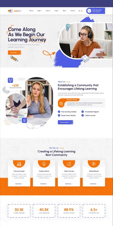 EduAct - Education & Courses WordPress Theme is a clean, elegant and modern design responsive premium WordPress theme for LMS, online courses, education, learning management, e-learning, online training, zoom classes, distance learning, college, school and all other education related businesses professional website. It comes with 3+ homepage layouts in onepage, multi-page, dark and RTL versions, 38+ pre-designed inner pages to download now & live preview click on image 🡵 Web Design Learning, Online Library Website Design, Tutor Website Design, Online Learning Website Design, E Learning Website Design, College Website Design, E Learning Website, Online Course Website Design, Education Website Design