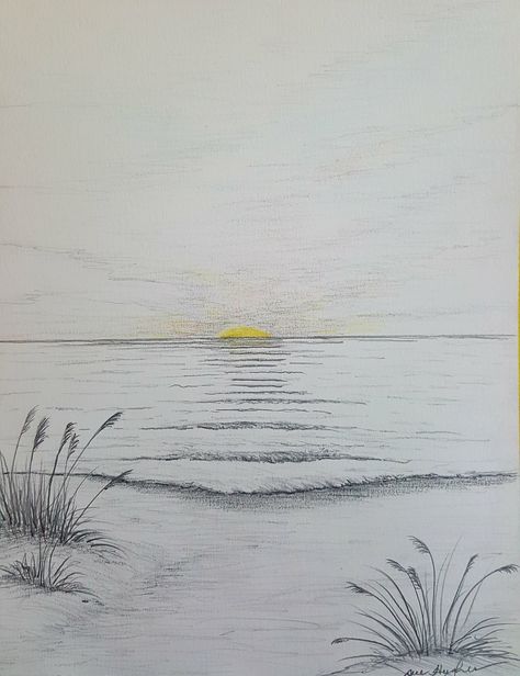 Sunrise Drawing, Beach Sketches, Landscape Pencil Drawings, Sea Drawing, Beach Drawing, Pen Art Work, Walls Art, Scene Drawing, Nature Sketch