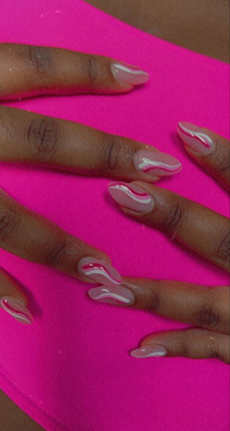 Pick Almond Nails, Pink Squiggle Nails, Pink Nail Designs Almond Shape, Glitter Swirl Nails, Pink Nails Almond Shape, Grade Nails, Shape Acrylic Nails, Nails Pink Acrylic, Slay Nails