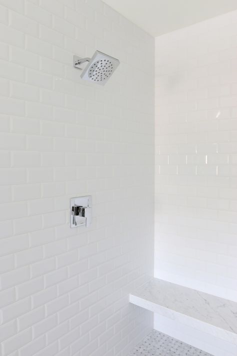 Bevel Subway Tile || Studio McGee Floating Shower Bench, White Master Bath, What Is Transitional Decor, White Beveled Subway Tile, White Subway Tile Bathroom, Marble Shower Tile, Beveled Subway Tile, Bathroom Design Styles, Walker Zanger