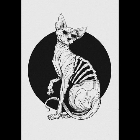 Digital drawing. Sphinx cat and half skeleton Sphinx Tattoo Cat, Skeleton Cat Art, Hissing Cat Drawing, Schrodinger Cat Tattoo, Demon Cat Drawing, Evil Cat Drawing, Victor Vallakovich, Skeleton Cat Drawing, Sphinx Cat Drawing