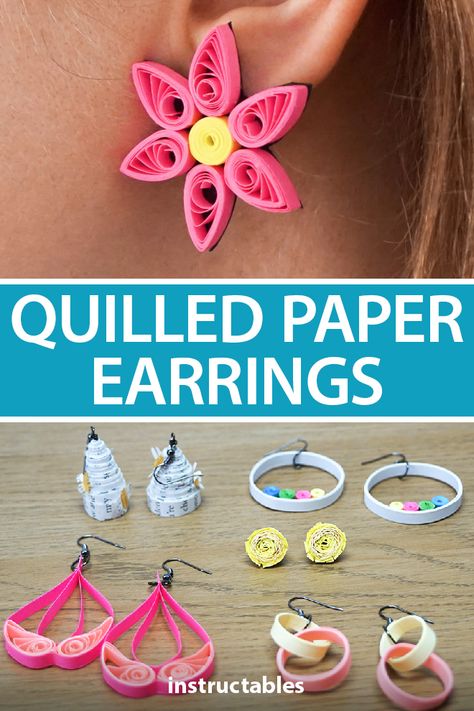 Learn how to do paper quilling to make a selection of earring designs. #Instructables #papercraft #jewelry #quilled Paper Quilling Earrings Tutorial, Quilling Jewelry Ideas, Beginner Quilling, Quilling Studs, Steam Projects For Kids, Quilling Art Ideas, Free Quilling Patterns, Diy Quilling Crafts, Macrame Wood