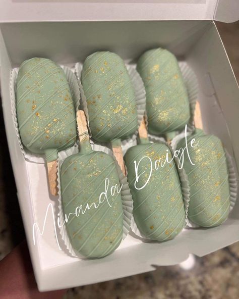 #sage #cakesicles #babyshower Sage Cakesicles, Sage Green Quinceanera Bear, Sage Green Cakesicles, Green Cakesicles, Sage Green Cakes, Sage Green Dessert Table, Rice Crispie, Eid Sweets, Green Ice Cream