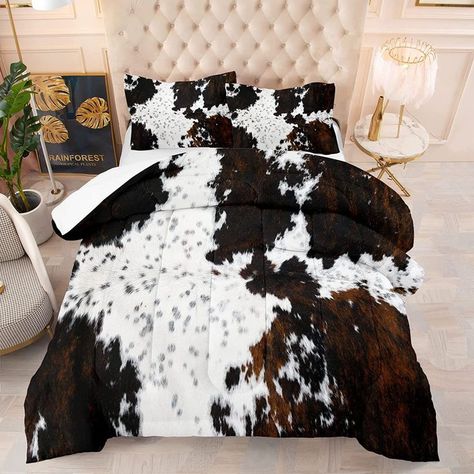 Cow Print Comforter, Cow Print Bedding, Western Farmhouse, White Cow Print, Western Bedding, Bed Comforter Sets, Brown Cowhide, Rustic Bedding, 3dprinting Design