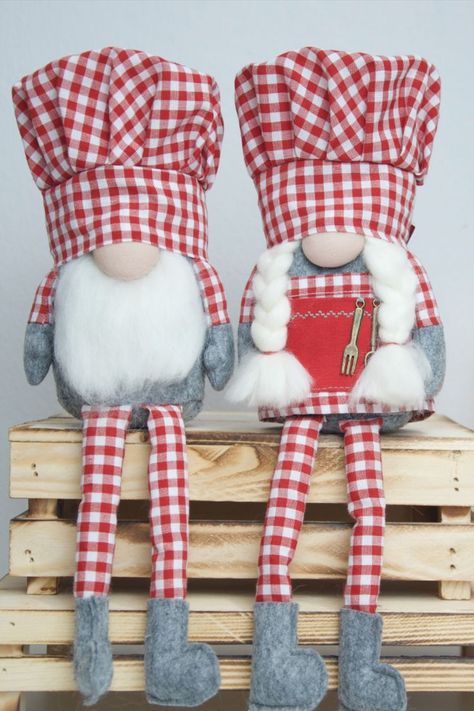 Chef Gnomes, Kitchen Gnomes, Gingham Kitchen, Chef Gnome, Farmhouse Rustic Kitchen, Gnome Couple, Braided Beard, Kitchen Ornaments, Girl Gnome