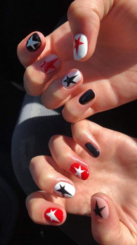 Y2k short star nails Y2k Nails Acrylic Short, Almond Y2k Nails, Nails Pink Y2k, Y2k Nails Red, Long Y2k Nails, Blue Y2k Nails, Short Star Nails, Red Y2k Nails, Short Y2k Nails