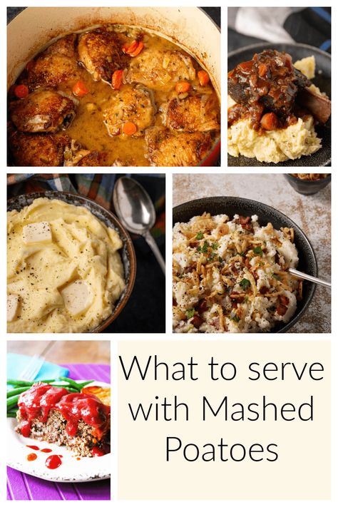 There’s nothing quite like creamy mashed potatoes. While a must with your Thanksgiving turkey, what else goes with this wonderful side dish? Here are some great ideas for what to serve with mashed potatoes so you can enjoy them all year long and not just for a special occasion. #mashedpotatoes #maindishes What To Serve Over Mashed Potatoes, Mashed Potato Main Dish, What Goes Well With Mashed Potatoes, Mashpotatoe Dinner, Main Dish With Mashed Potatoes, What To Serve With Mashed Potatoes, Dinners With Mashed Potatoes As A Side, What To Eat With Mashed Potatoes, Meatloaf Recipe With Crackers