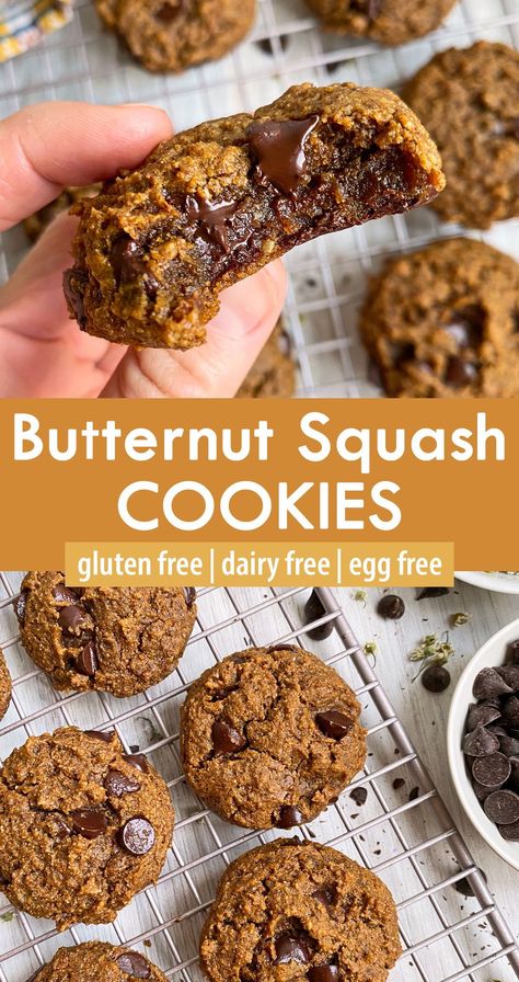 These healthy butternut squash cookies are soft and tender with a chewy center. They are made with pureed butternut squash and almond butter, sweetened with coconut sugar and loaded with dark chocolate chips. In addition, these squash cookies are paleo, vegan and gluten free. #squash #butternut #paleo Butternut Squash Chocolate Chip Cookies, Butternut Squash Fudge, Butternut Squash Cookies Recipes, Butternut Squash Baking, Butternut Squash Balls, Butternut Squash Bars, Butternut Squash Paleo Recipes, Butternut Squash Paleo, Whole30 Butternut Squash Recipes