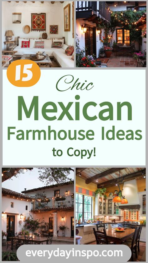 Get the perfect Mexican Farmhouse look with these 15 decor tips. Mexican Theme Kitchen Decor, Mexican Style Living Room Ideas, Mexican Home Decor Kitchen, Mexican Living Room Decor Hacienda Style, Mexican Interior Design Living Room, Mexican Dining Room Decor, Mexican Modernism Interior, Santa Fe Living Room, Modern Spanish Style Homes Interior