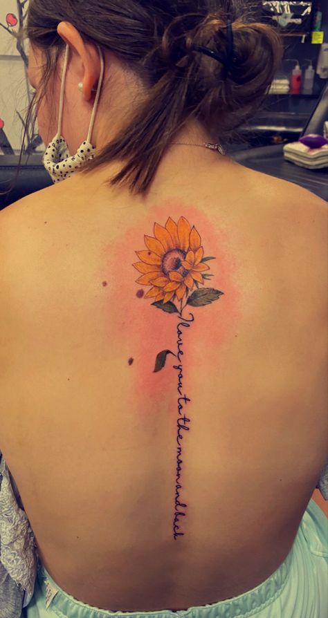 Sunflower Tattoo On Spine, Spine Tattoos With Sunflowers, Back Tattoo Women Sunflower, Back Tattoo Sunflower, Sunflower Back Tattoo Spine, You Are My Sunshine Spine Tattoo, Sunflower Spine Tattoos For Women, Sunflower Spine Tattoo, Delicate Spine Tattoo