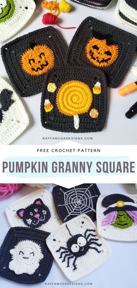 Crochet Pour Halloween, Granny Square Crochet Patterns Free, Fall Crochet Patterns, Confection Au Crochet, Halloween Crochet Patterns, Crochet Design Pattern, Beginner Crochet Projects, Crochet Simple, Crochet Fall