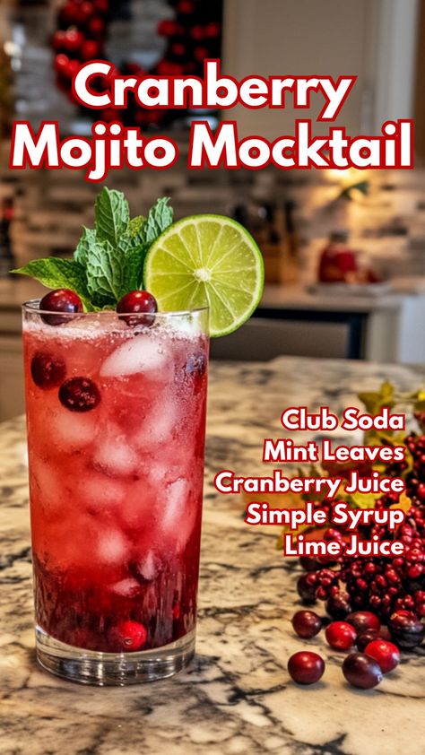 Cranberry Mojito Mocktail Cranberry Mojito Recipe Pitcher, Mocktail Mojito Recipe, Mojito Mocktail Non Alcoholic, Cranberry Mocktail Non Alcoholic, Fall Mocktail Non Alcoholic, Alcohol Free Drink Recipes, Mocktail Mojito, Cranberry Mojito, Mojito Recipe Pitcher