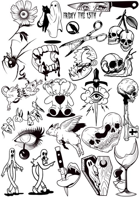 Flash Art Hand Tattoos, Friday 13th Tattoo Flash Sheet Black, Matching Friend Tattoos For Four, Funny Tattoo Designs Drawings, Tattoo Patch Work Sleeve, Behind Ear Tattoo Halloween, Tattoo Ideas For Men Linework, Easy Halloween Tattoo Ideas, Horror Tattoos Patchwork