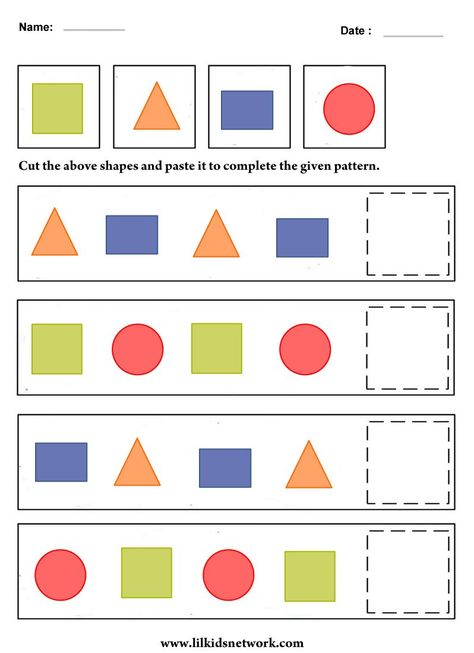 Free Printable Shapes Worksheets For Toddlers And Kindergarten Math Patterns, Ab Pattern Worksheet, Preschool Pattern Worksheets, Pattern Worksheets For Kindergarten, Patterning Kindergarten, Preschool Patterns, Shapes Worksheet Kindergarten, Pre K Worksheets, Ab Patterns