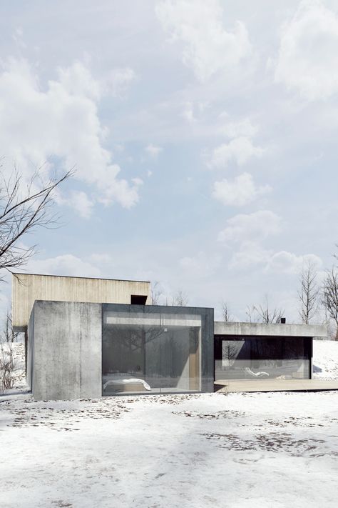 Visualization of single-family home located in Poznań. This is the final version of the project. Architecture by studio de.materiahttp://studiodemateria.com/ Concrete Architecture, Minimal Architecture, Concrete House, Minimalist Architecture, Architecture Exterior, Brutalism, Family House, Residential Architecture, Modernism