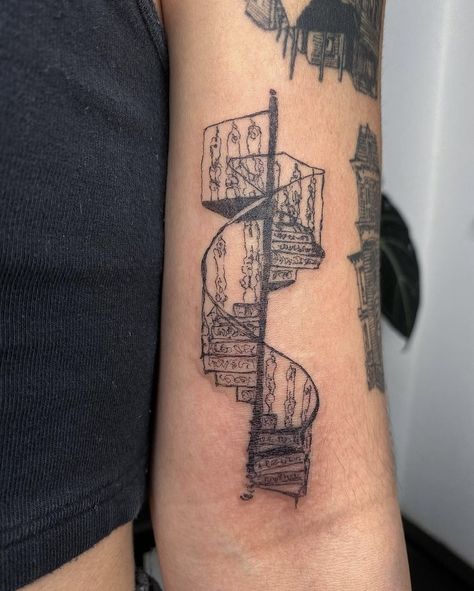 Staircase Tattoo, Fawn Tattoo, Modern Art Tattoos, Wrought Iron Staircase, History Tattoos, Funky Tattoos, Iron Staircase, Female Tattoo Artists, Stylist Tattoos