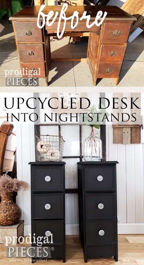 Fantastic save!! This old antique had seen better days, but now it has new life as an upcycled desk turned into a pair of nightstands. Full video tutorial by Larissa of Prodigal Pieces at prodigalpieces.com #prodigalpieces #diy #home #furniture #handmade #homedecor #farmhouse #vintage #homedecorideas #shopping Upcycled Desk, Upcycle Desk, Refurbished Furniture Diy, Diy Nightstand, Wall Furniture, Diy Furniture Hacks, Diy Furniture Renovation, Furniture Rehab, Night Stands