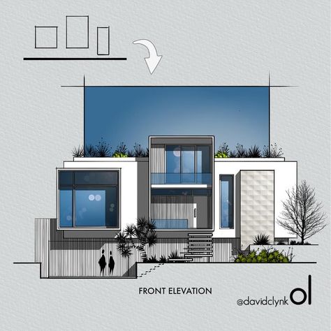 David Clynk | design & illustrations on Instagram: "3 box base geometry into front elevation concept using #procreate . . . . #architecturestudent #showitbetter #archolution #arquitectura #archilovers #architecturedrawings #iarchitectures #archihub #architrendz#architecturalillustration #koozarch #archisource #crazy_architecturee #illustrarch #arch_more #elevations #boxmodern #pensketches #architects_vision #architects_vision #architects_need" Chalet Elevation Design, Facade Sketch Architecture, Elevation Concept, Futuristic Architecture Home, Interior Architecture Sketch, Exterior Sketch, Modern Bungalow Exterior, Small Modern House Plans, Elevation Drawing