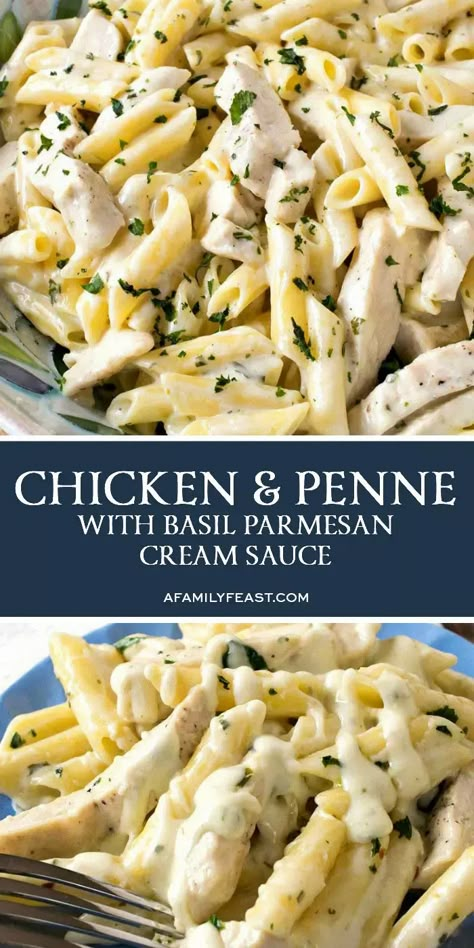 Chicken & Penne with Basil Parmesan Cream Sauce - A Family Feast® Pasta With Basil Cream Sauce, Chicken Pasta With Cream Sauce, Basil Cream Sauce Pasta, Things To Make With Basil, Basil Parmesan Pasta, Family Feast Recipes, Basil Cream Sauce, Basil Pasta Recipes, Alfredo Recipes