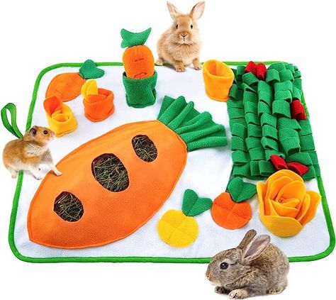 Amazon.com : 20" × 24" Rabbit Foraging Mat with Carrot Toy- Polar Fleece Pet Snuffle Pad with Fixing Handle- Funny Interactive Nosework Feeding Mat- Rabbit Hay Feeder Mat for Rabbits Bunny Guinea Pigs Ferrets : Pet Supplies Guinea Pig Fleece, Rabbit Feeding, Rabbit Hay, Carrot Patch, Indoor Rabbit, Rabbit Accessories, Bunny Cages, Pet Rabbit, Pet Training