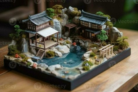 Japanese Miniature House, Japanese Diorama, Tea House Japan, Japanese Resort, Japanese House Garden, Japan House Design, Teapot Ideas, Miniature Zen Garden, Loft House Design