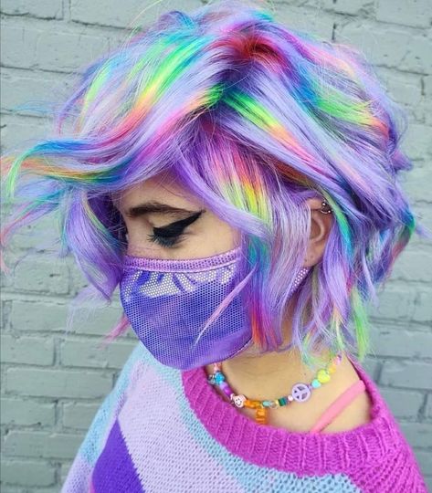 Halloween Hair Ideas, Unicorn Hair Color, Holographic Hair, Vivid Hair Color, Rainbow Hair Color, Neon Hair, Bright Hair Colors, Dye Ideas, Multicolored Hair