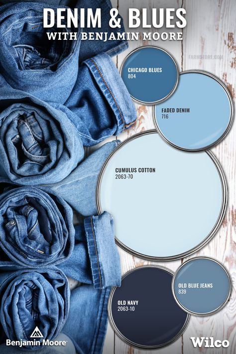 Blue Paint Colors For Bedroom Benjamin Moore, Old Blue Jeans Benjamin Moore, Denim Blue Wall Paint, Denim Bedroom Decor, Benjamin Moore Denim Blue Paint Colors, Navy Coastal Bathroom, Country Blue Aesthetic, Blue Jean Paint Color, Chambray Blue Color Palette