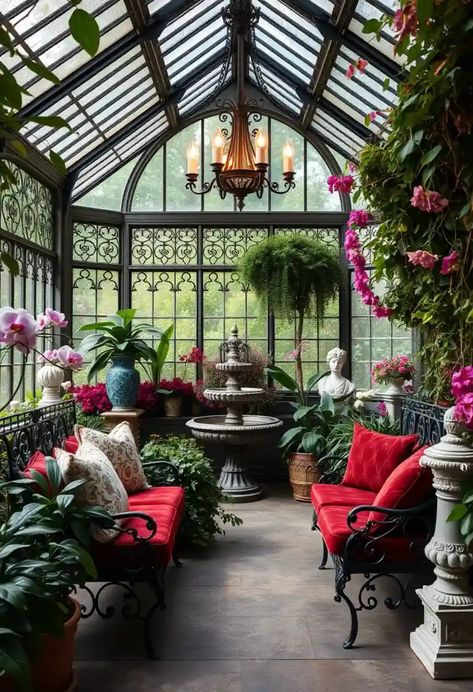 25+ Greenhouse Interiors Inspirations to Transform Your Space Greenhouse Tea Room, Goth Greenhouse, Greenhouse Room In House, Victorian Greenhouse Conservatory, Luxury Greenhouse, Gothic Greenhouse, Solarium Ideas, Reading Lounge, Dream Greenhouse