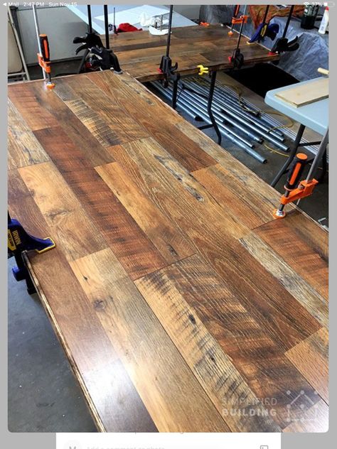 Grey Laminate Flooring Kitchen, Table Top Redo, Rustic Kitchen Tables, Plywood Table, Plank Table, Laminate Table Top, Grey Wood Floors, Diy Table Top, Wood Floor Kitchen