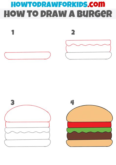 how to draw a burger step by step How To Draw A Hamburger, How To Draw Burger, How To Draw A Burger, How To Draw Food Step By Step, Burger Drawing Easy, How To Draw Food, Burger Drawing, Trin For Trin Tegning, Draw Food