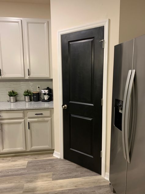 Black pantry door, black door, White Kitchen Black Pantry Door, Dark Pantry Door, Black Kitchen Doors, Black Pantry Door Ideas, Pantry Door Black, Black Pantry Door, Black Pantry, Gray Doors, Walls Color