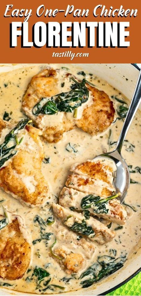 Effortless elegance and quick gourmet dining are two phrases that describe this One-Pan Chicken Florentine. Its rich creamy sauce is perfectly balanced by the acidity of white wine and the freshness of spinach leaves, transforming simple chicken breasts into a restaurant-style entree. Spinach Stuffed Chicken Breast Recipes, Chicken Spinach Recipes, Parmesan Shrimp, Asian Soups, Easy Oven Baked Chicken, Florentines Recipe, Homemade Garlic Butter, Chicken Florentine, Spring Food