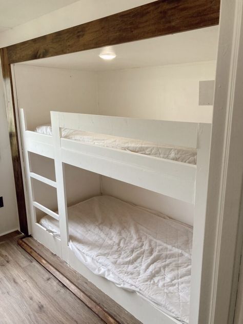 15 Renovation Ideas for an RV with Bunk Beds | RV Inspiration Ikea Bunk Bed In Camper, Rv With Bunk Beds, Rv Bunkhouse Remodel, Rv Bunk Beds Ideas, Bunk Bed Steps, Camper Bunk Beds, Rv Bunk Beds, Ikea Bunk Bed, Rv Storage Solutions