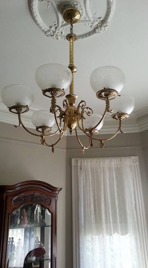 1900's vintage chandelier in front parlor w/original plaster medallion Vintage Chandelier In Modern House, Light Academia Chandelier, Antique Bedroom Chandelier, Victorian Light Fixtures Vintage, Vintage Bedroom Ceiling Lights, Antique Dining Chandelier, Antique Light Fixtures Dining Room, Vintage French Chandelier, Victorian Dining Room Chandelier