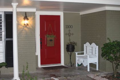 Sherwin Williams Stolen Kiss - love the front door     http://thatvillagehouse.blogspot.com/2010/08/finally-day-has-come.html# Stolen Kiss, We Bought A House, Floor Paint Colors, Greek Revival Home, Red Front Door, Bought A House, Dining Room Accents, Paint Color Inspiration, Front Entry Doors